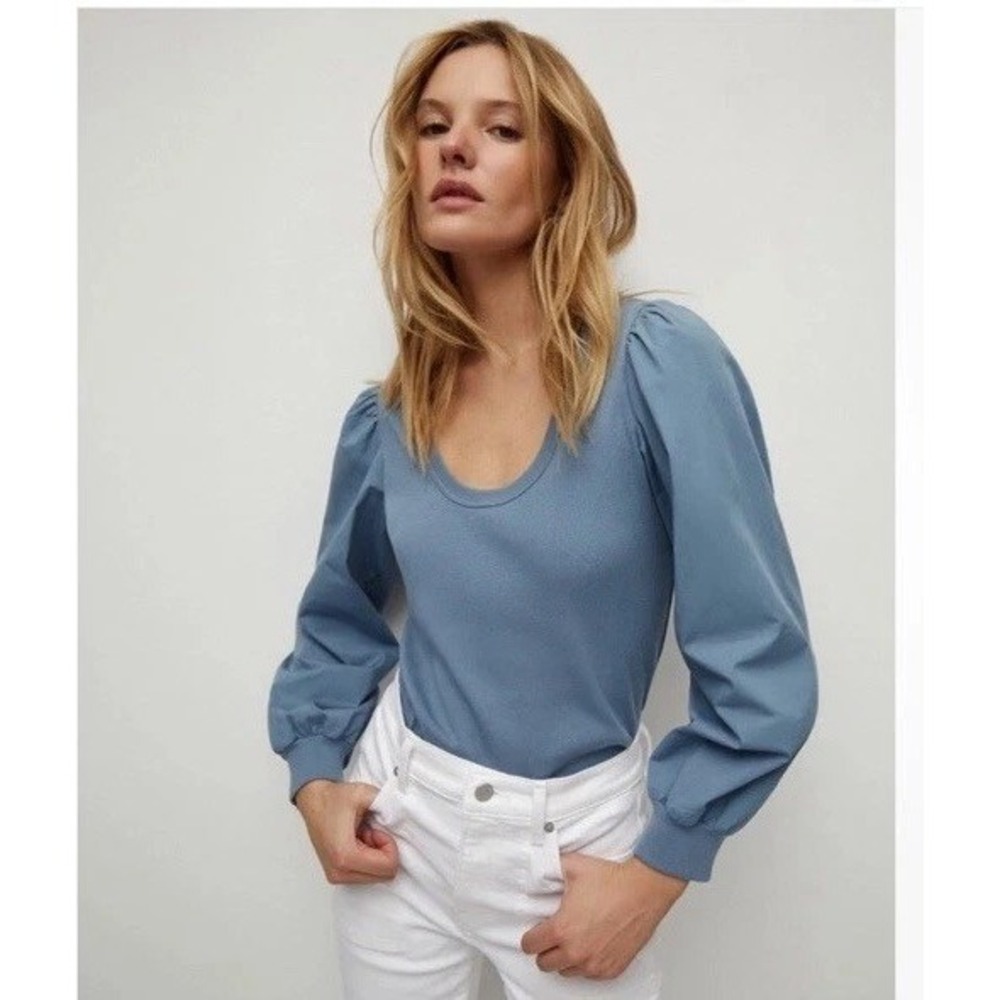 NWOT Veronica‎ Beard Anabel Puff Sleeve Blue Top Size Small